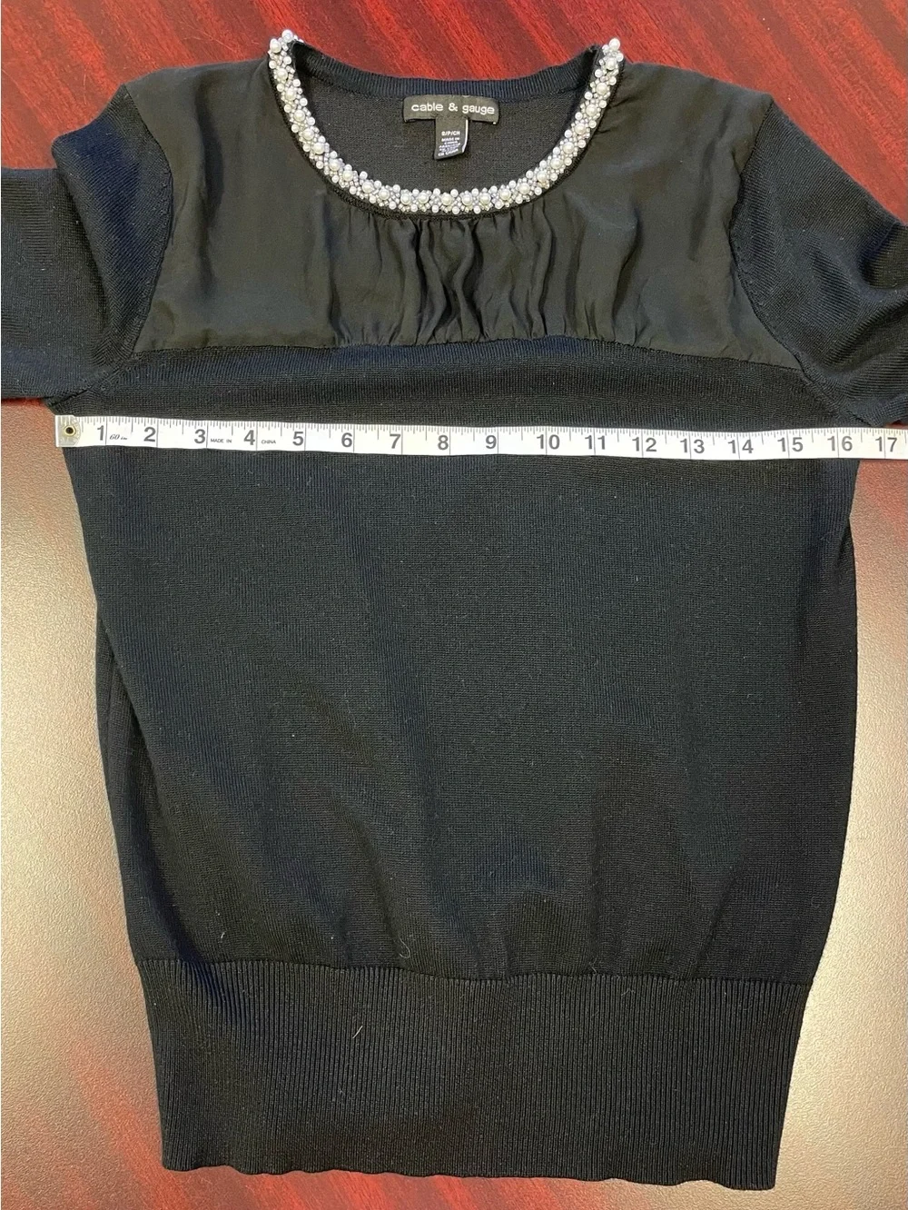 Cable & Gauge Black Beaded Chiffon Yoke 3/4 Sleeve Sweater Small